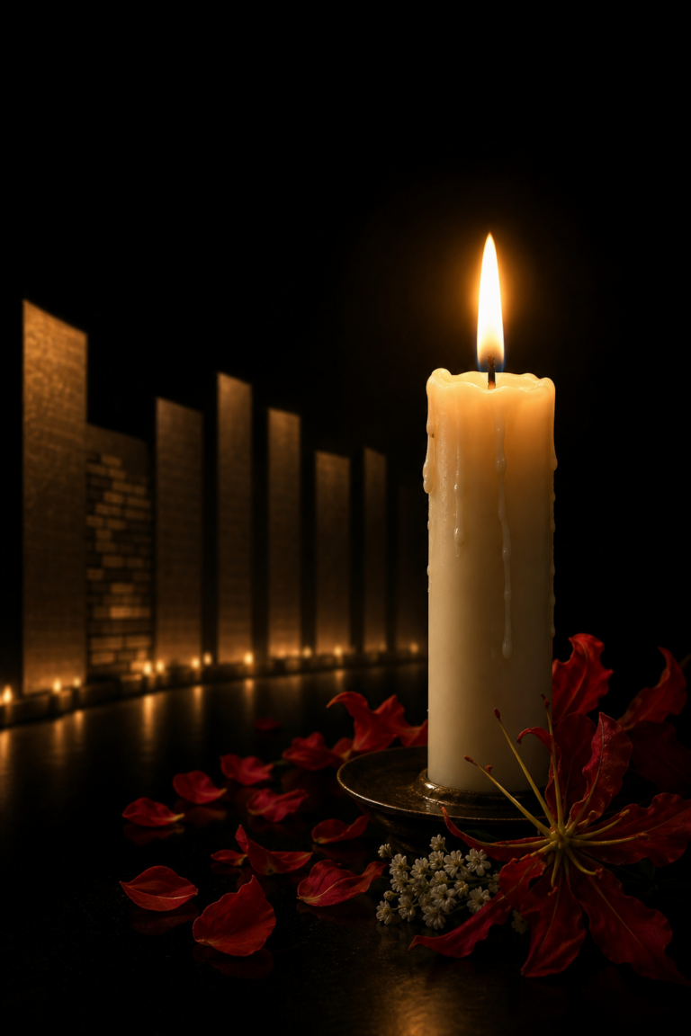 A lit candle with red flowers and a memorial wall for May 18 Tamil Genocide Remembrance Day